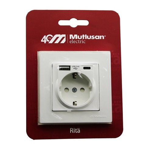 Priz Mutlusan Rita Ankastre Topraklı+Usb+Type-C Şarj 2,4A Beyaz 2220-629-0201