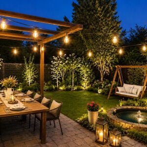 Dış Mekan Bahçe Aydınlatma Seti - 20'li E27 Duylu Zincir Işık + 6W 3000K Şeffaf LED Ampuller Dahil (Komple Hazır Ürün)
