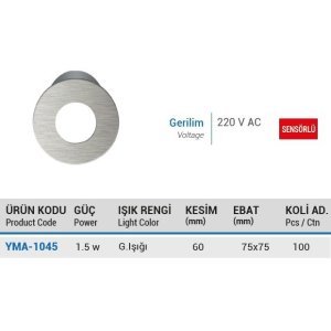 Armatür Ycl Duvar/Merdiven Led Ankastre Hareket Sensörlü 1,5W 3000K Yma-1045G