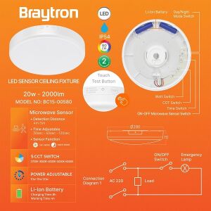ARMATÜR BRAYTRON SENSÖRLÜ TAVAN LED (ACİL KİT) 20W 5CCT 5 RENK BC15-00580