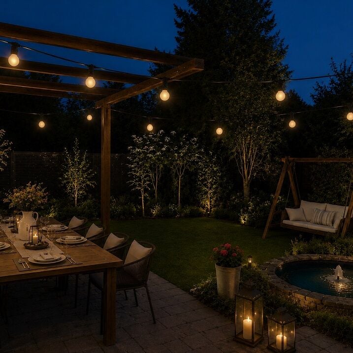 Dış Mekan Bahçe Aydınlatma Seti - 20'li E27 Duylu Zincir Işık + 1W 2700K LED Ampuller Dahil (Komple Hazır Ürün)