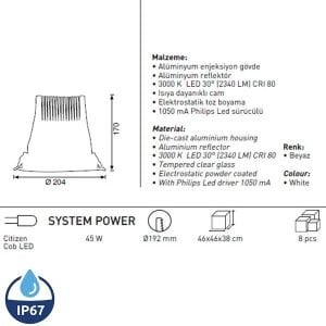 Jupiter Venezia V30 Ip65 45W 2340Lm 3000K Led Downlight Armatür