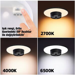 ARMATÜR HOROZ VOLCANO 3CCT YUVARLAK APLİK IP65 SİYAH 12W ÜÇ RENK 6500-4000-2700K